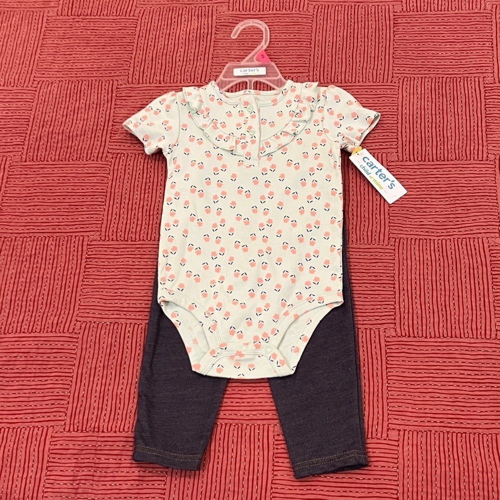 Carter's Floral onesie Bodysuit short sleeve & stretchy Pants Set NWT FLAWED